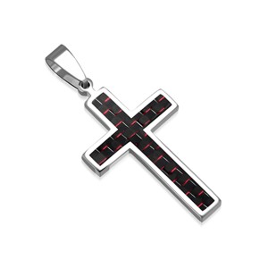 Stainless Steel Black & Red Carbon Fiber Cross Pendant